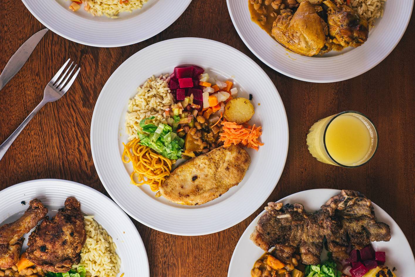 Table full of food for family top view