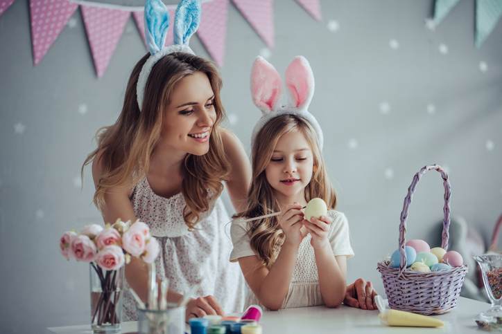 Mom and daughter preparing for Easter celebration